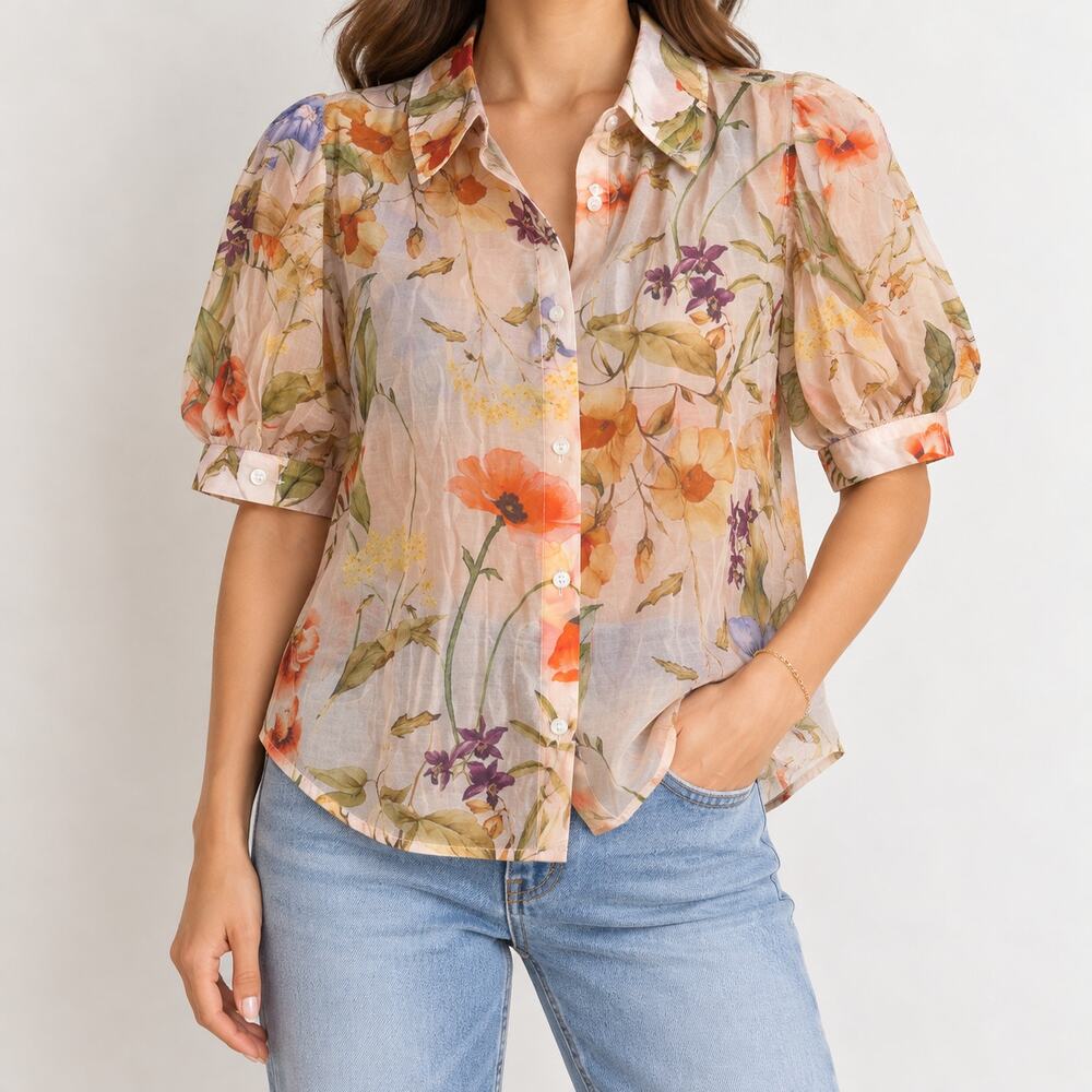 Lucky & Coco Womens M Beige Floral Sheer Button Down Blouse Puff Sleeve NWT